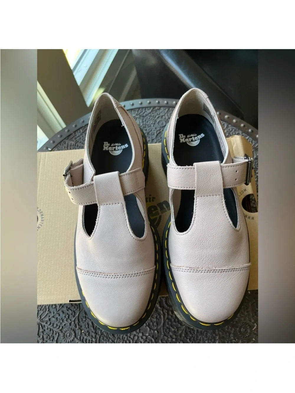 NWOT Dr. Martens Women's Taupe T-Strap Platform Mary Janes Bethan T-Bar Sz 7